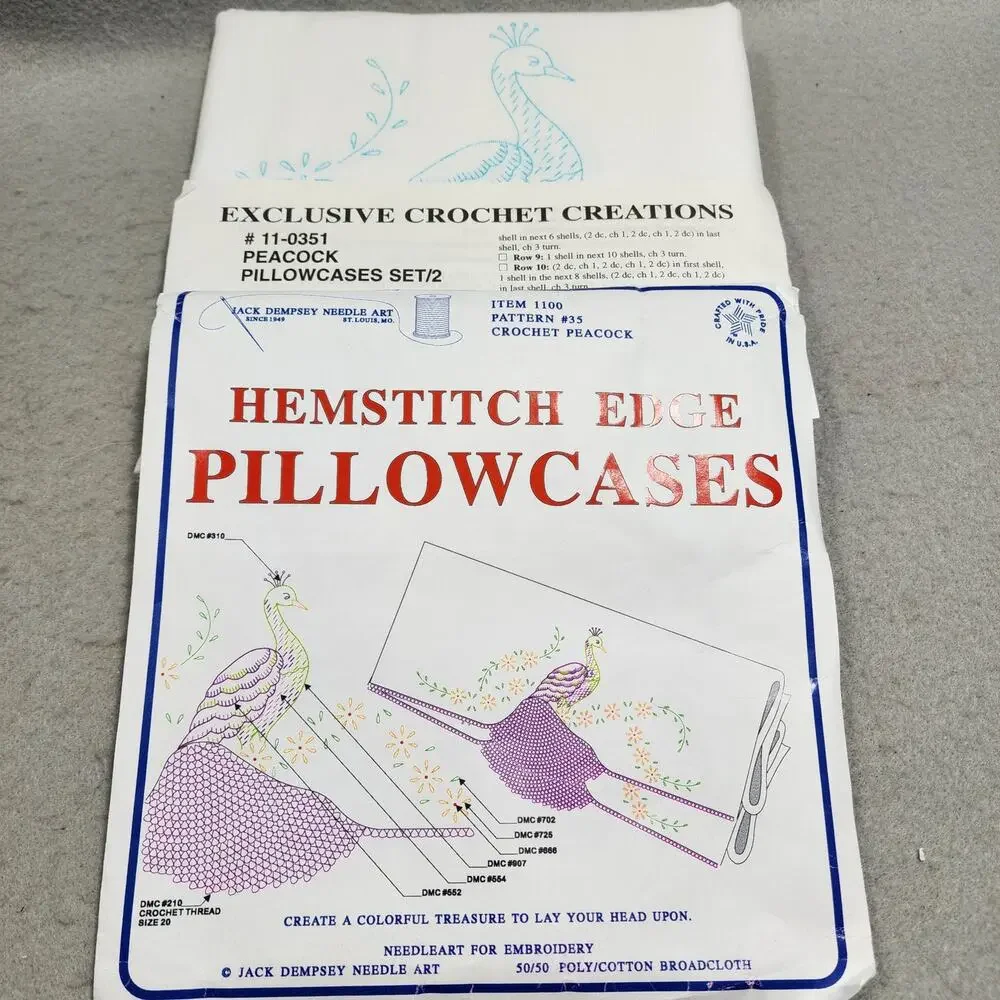 Peacock Hemstitch Edge Pillow Cases Crochet Embroidery Jack Dempsey Needle Art